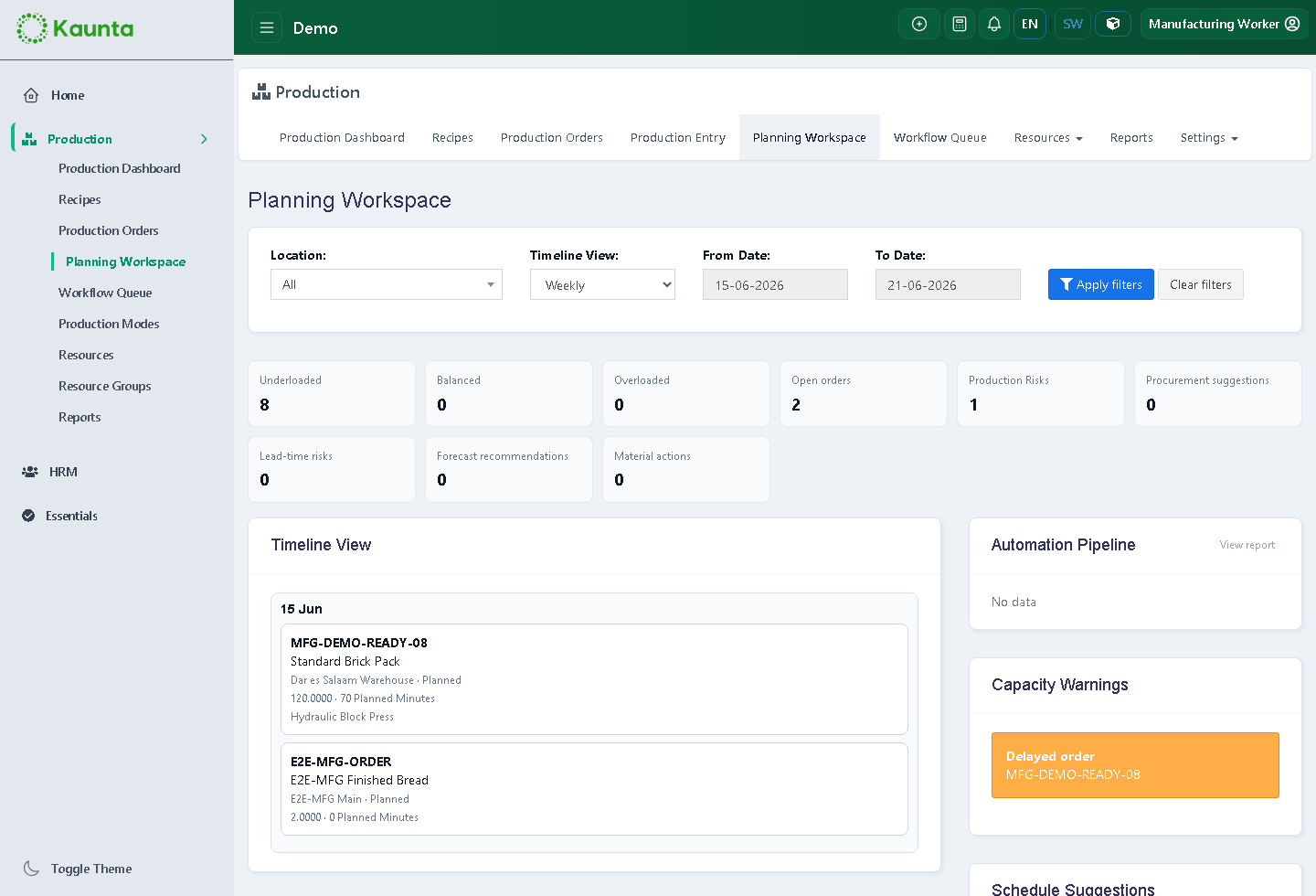Kaunta manufacturing planning workspace with production timeline